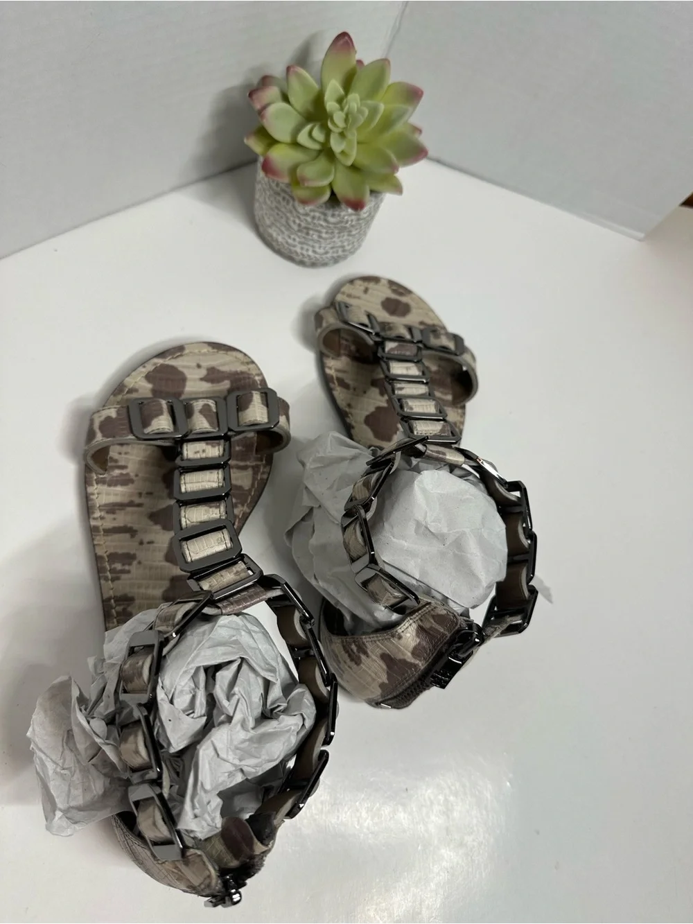 Tory Burch Brown and Beige Patterned Leather Chain-Accent Slide Sandals